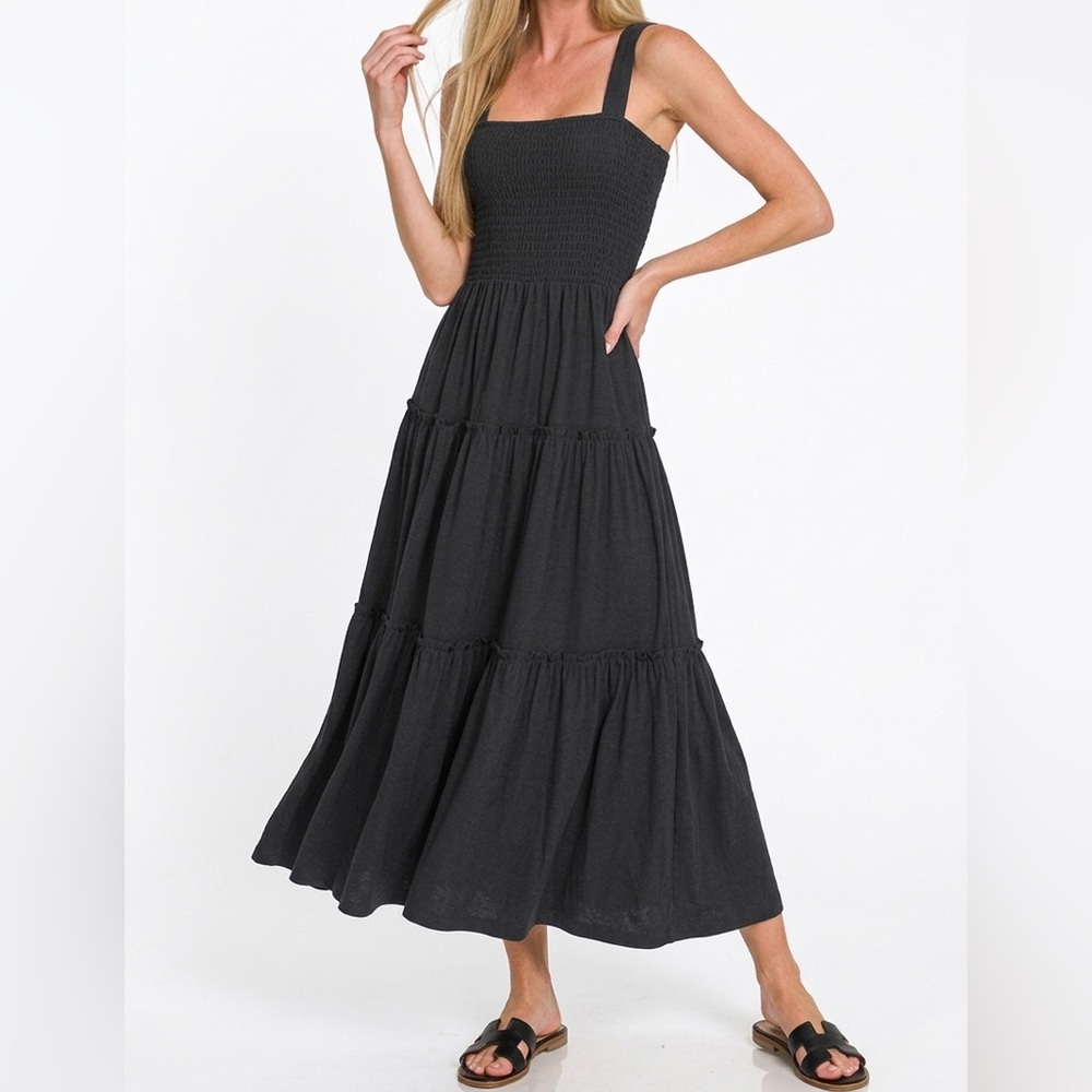 NWT Zenana Black Western Cowgirl Romantic Smocked Tiered Midi Dress
